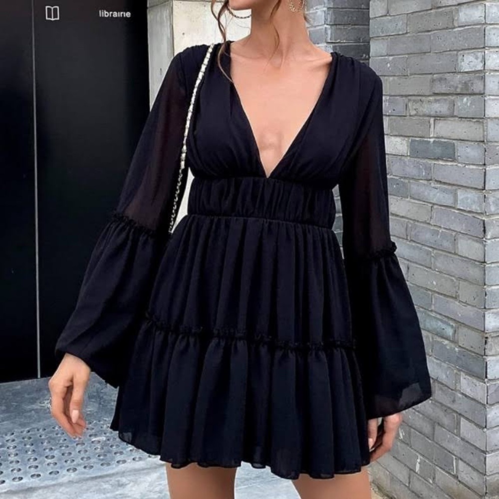 Mrs. Ord Low V Neck Tiered Ruffle Chiffon Mini Dress with Bell Sleeves